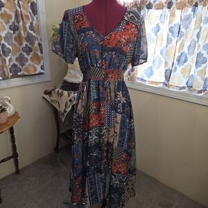 Indigo Rose Patchwork Like  V-Neck Midi Dress. XS-S, Check Measurments. NNCP